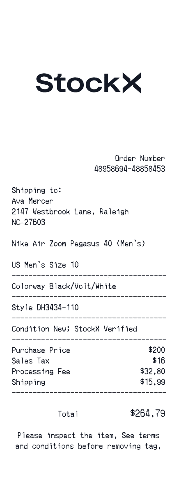 Create a StockX receipt online StockX receipt template preview - free retail receipt generator