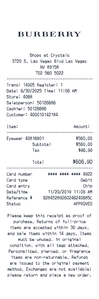 Create a Burberry receipt online Burberry receipt template preview - free retail receipt generator
