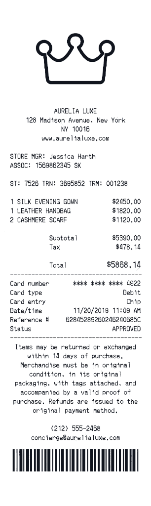 Create a Aurelia Luxe receipt online Aurelia Luxe receipt template preview - free retail receipt generator
