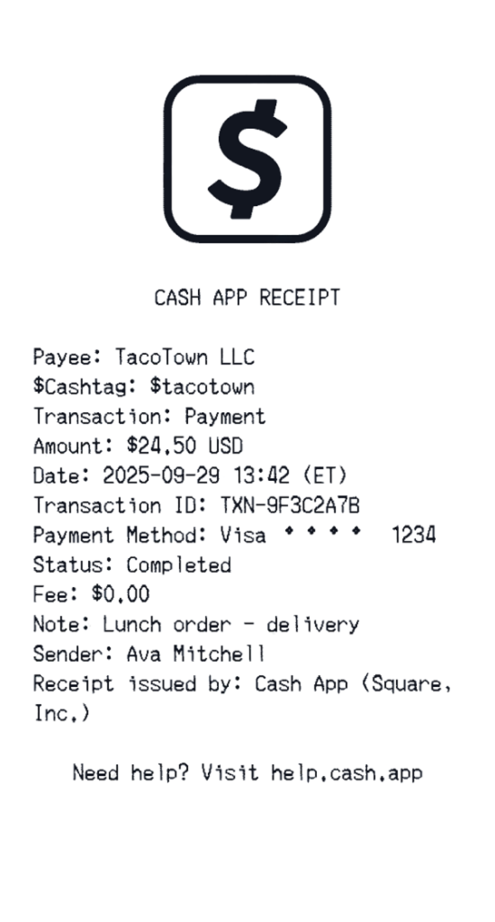 Create a Cash App receipt online Cash App receipt template preview - free retail receipt generator