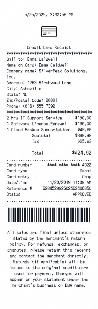 Create a Credit Card receipt online Credit Card receipt template preview - free retail receipt generator
