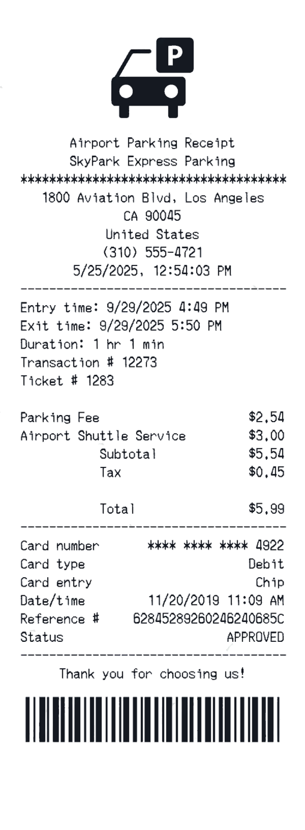 Create a Airoport Parking receipt online Airoport Parking receipt template preview - free retail receipt generator