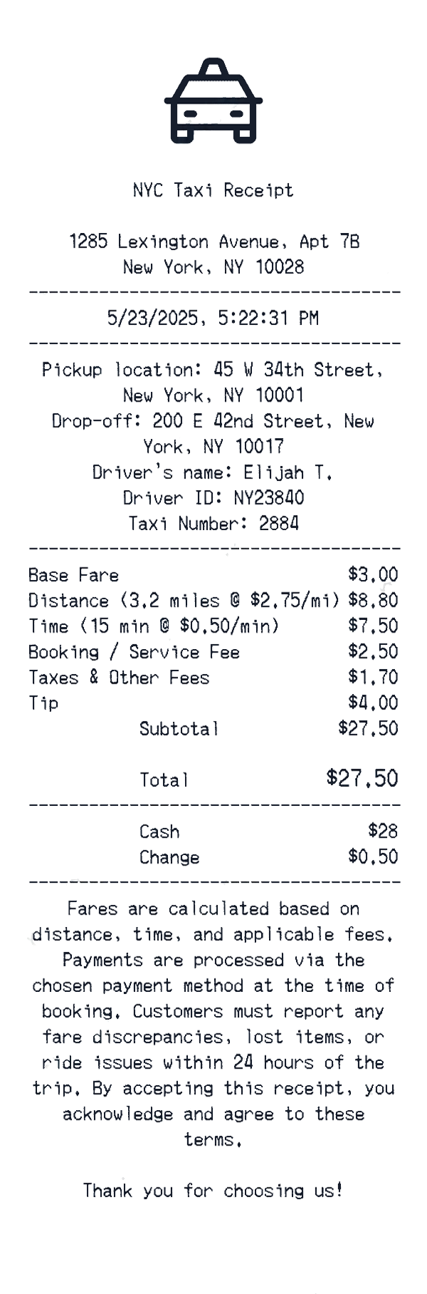 Create a NYC Taxi receipt online NYC Taxi receipt template preview - free taxi receipt generator