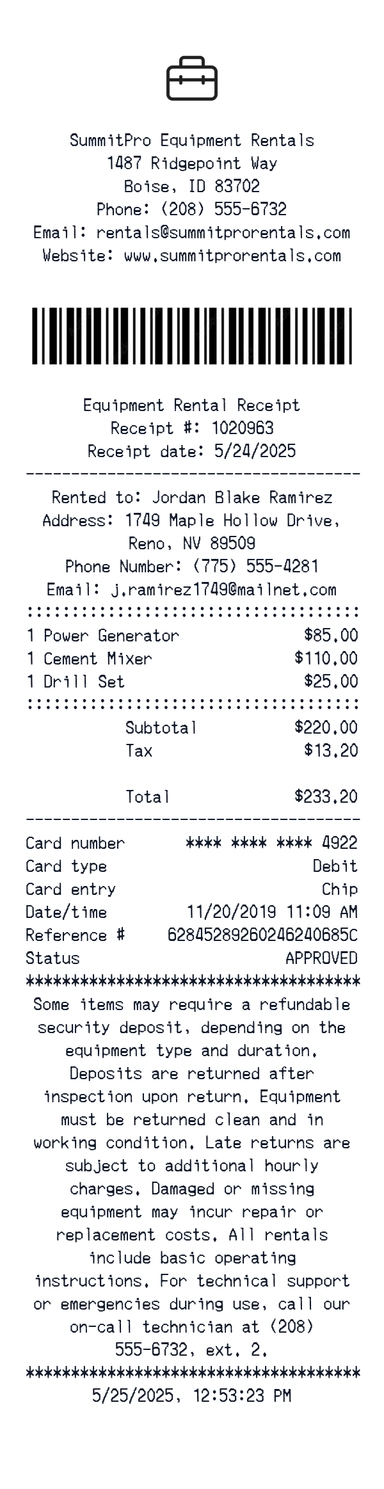 Create a summitPro equipment rentals receipt online summitPro equipment rentals receipt template preview - free retail receipt generator