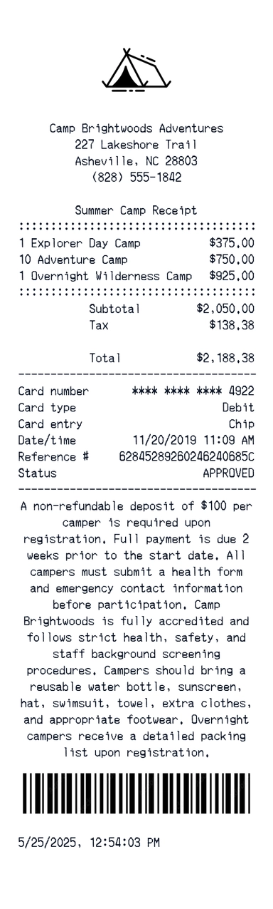 Create a camp brightwoods adventures receipt online camp brightwoods adventures receipt template preview - free retail receipt generator