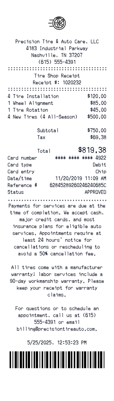 Create a precision Tire & Auto Care receipt online precision Tire & Auto Care receipt template preview - free services receipt generator