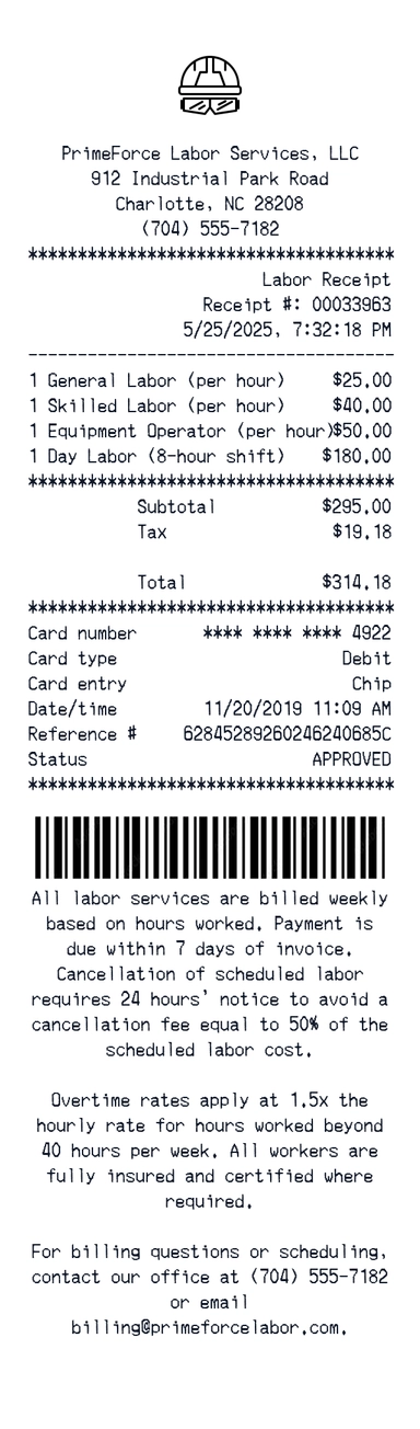 Create a primeforce Labor receipt online primeforce Labor receipt template preview - free retail receipt generator