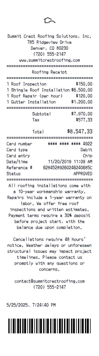 Create a summit Crest roofing receipt online summit Crest roofing receipt template preview - free retail receipt generator