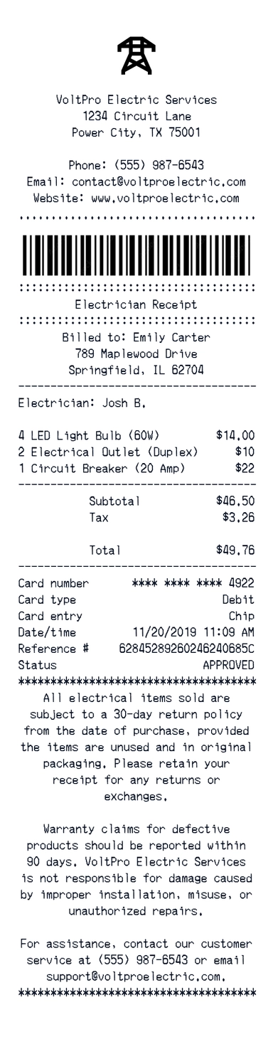 Create a VoltPro Electric receipt online VoltPro Electric receipt template preview - free retail receipt generator