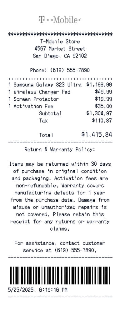Create a T Mobile receipt online T Mobile receipt template preview - free retail receipt generator
