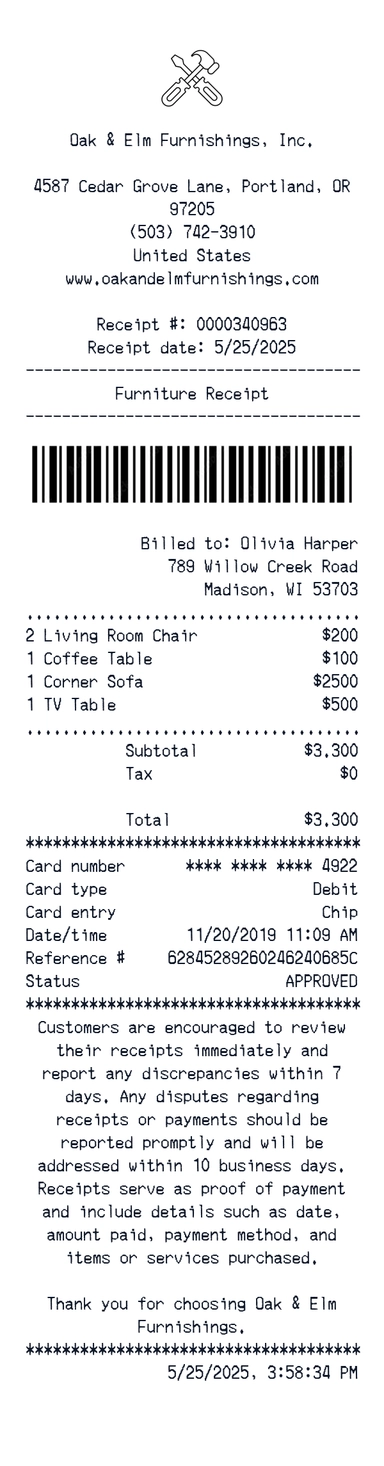 Create a Oak & Elm furnishings receipt online Oak & Elm furnishings receipt template preview - free retail receipt generator