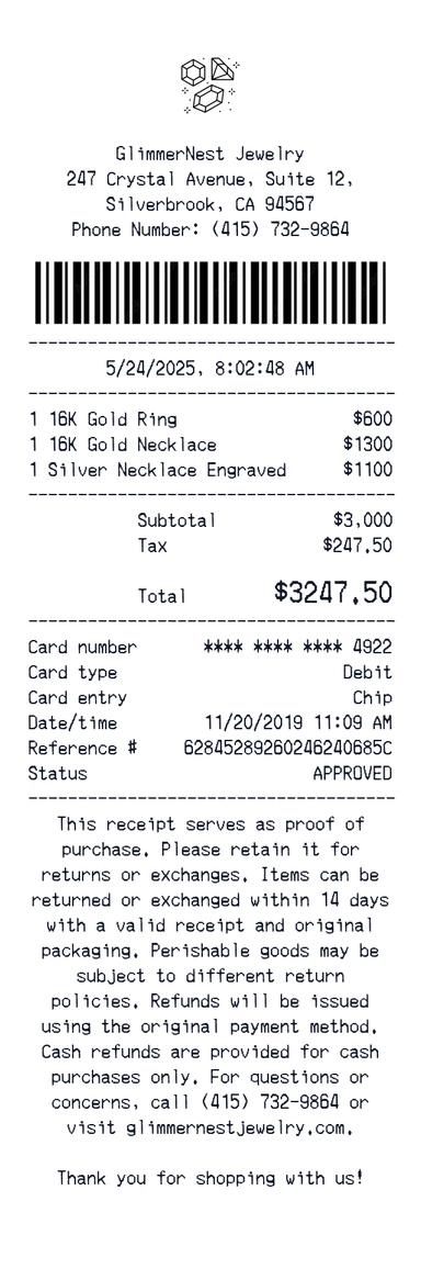 Create a GlimmerNest Jewelry receipt online GlimmerNest Jewelry receipt template preview - free retail receipt generator