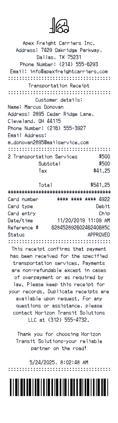 Create a Apex Freight Carriers receipt online Apex Freight Carriers receipt template preview - free retail receipt generator
