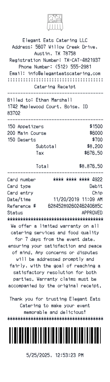 Create a Elegant Eats Catering receipt online Elegant Eats Catering receipt template preview - free retail receipt generator
