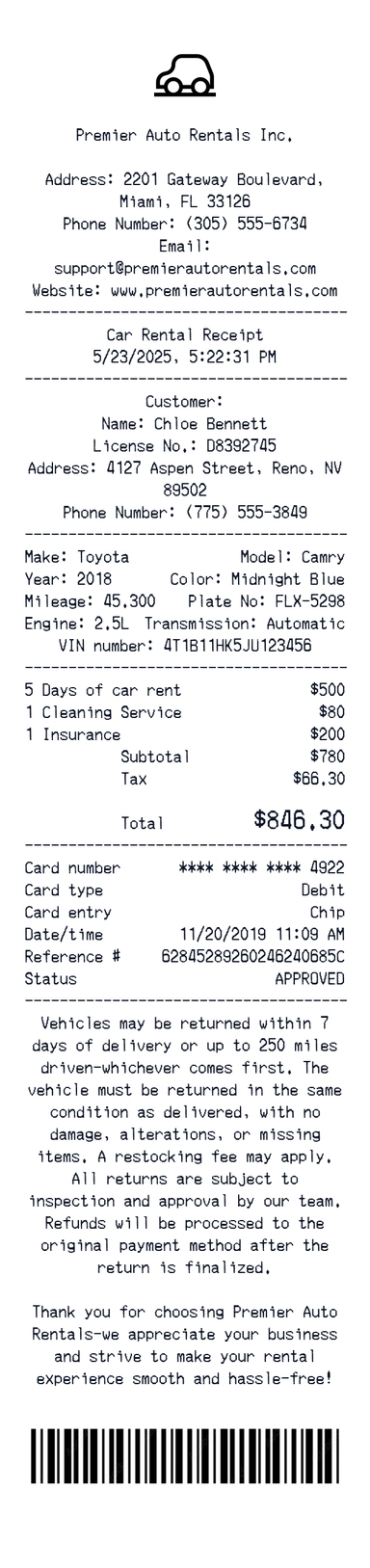 Create a Premier Auto receipt online Premier Auto receipt template preview - free services receipt generator