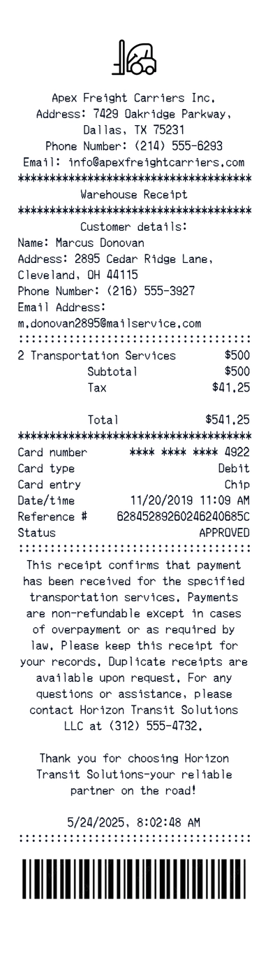 Create a Apex Freight Carriers Inc receipt online Apex Freight Carriers Inc receipt template preview - free retail receipt generator