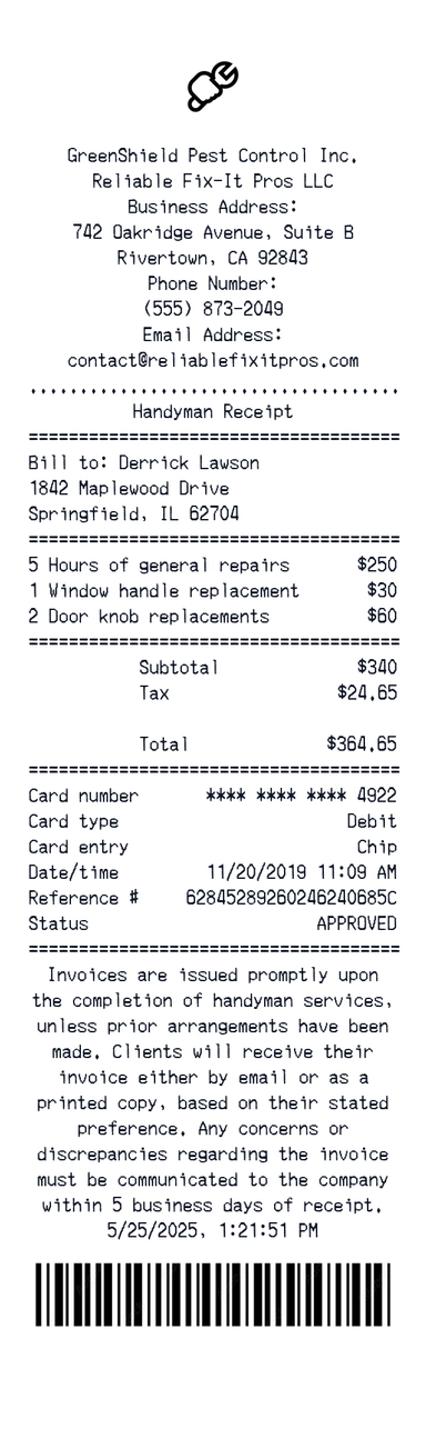 Create a GreenShield Pest Control receipt online GreenShield Pest Control receipt template preview - free retail receipt generator