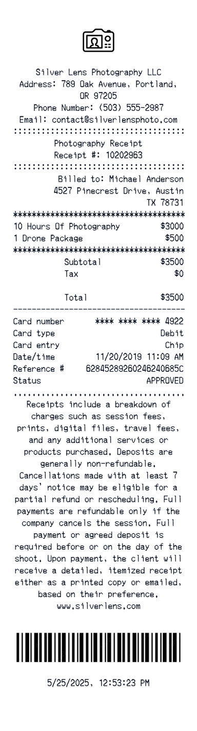 Create a Silver Lens Photography receipt online Silver Lens Photography receipt template preview - free retail receipt generator