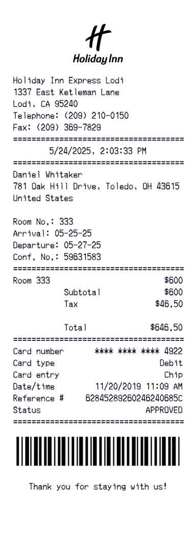 Create a Holiday Inn Express receipt online Holiday Inn Express receipt template preview - free retail receipt generator