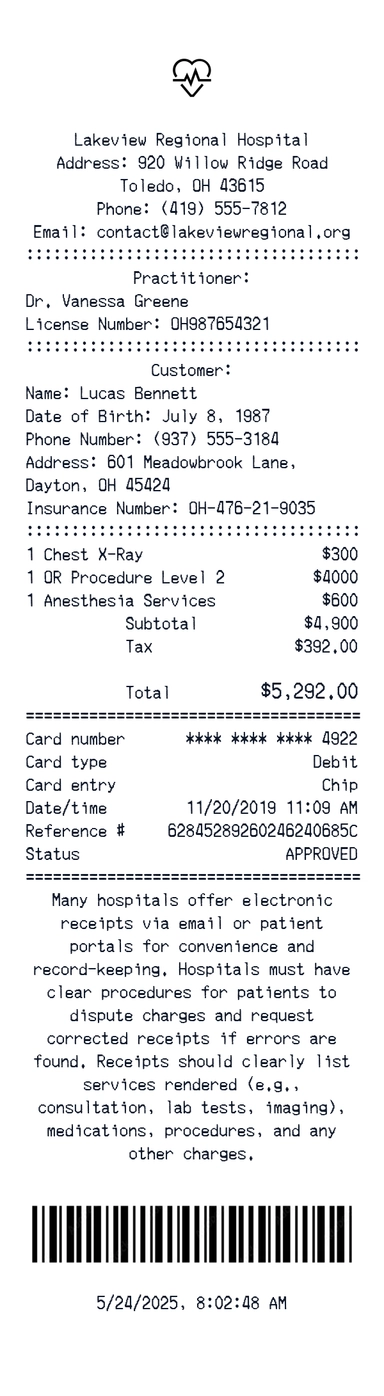 Create a Lakeview Regional Hospital receipt online Lakeview Regional Hospital receipt template preview - free retail receipt generator