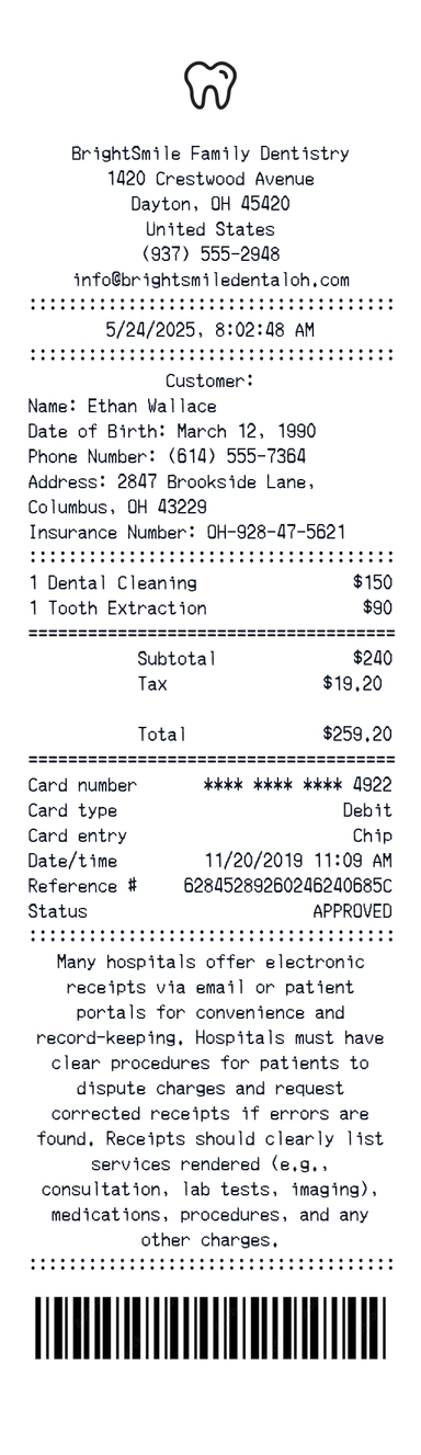 Create a BrightSmile Family Dentistry receipt online BrightSmile Family Dentistry receipt template preview - free retail receipt generator
