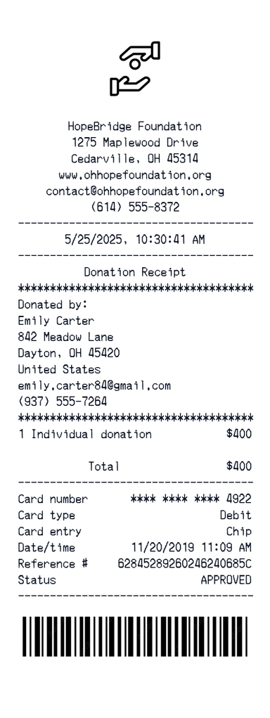 Create a HopeBridge Foundation receipt online HopeBridge Foundation receipt template preview - free retail receipt generator