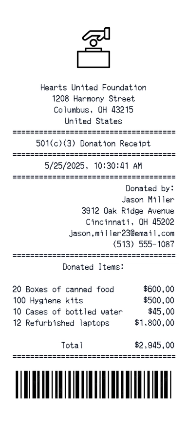 Create a Hearts United Foundation receipt online Hearts United Foundation receipt template preview - free retail receipt generator