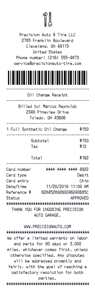 Create a Precision Auto & Tire LLC receipt online Precision Auto & Tire LLC receipt template preview - free services receipt generator