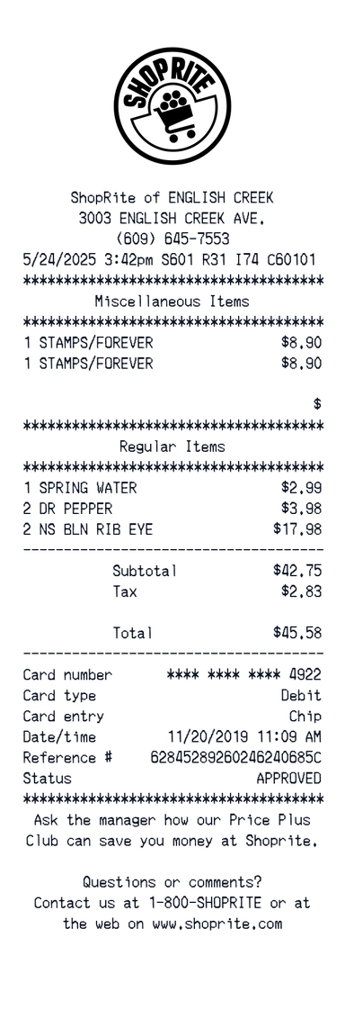 Create a ShopRite of English Creek receipt online ShopRite of English Creek receipt template preview - free retail receipt generator