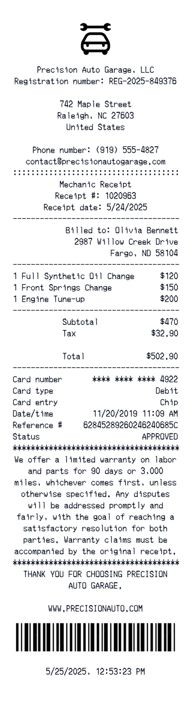 Create a Precision Auto Garage receipt online Precision Auto Garage receipt template preview - free services receipt generator