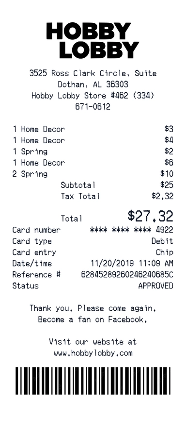 Create a Hobby Lobby receipt online Hobby Lobby receipt template preview - free retail receipt generator