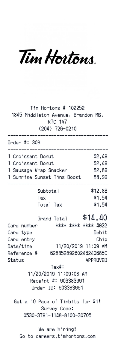 Create a Tim Hortons receipt online Tim Hortons receipt template preview - free retail receipt generator