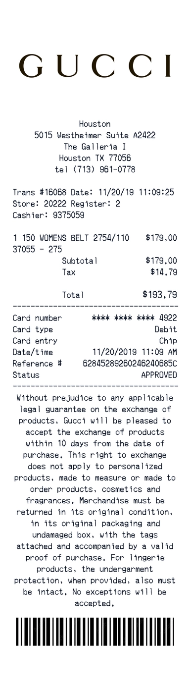 Create a Gucci receipt online Gucci receipt template preview - free retail receipt generator