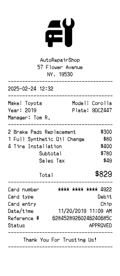 Create a Auto Repair Shop receipt online Auto Repair Shop receipt template preview - free services receipt generator