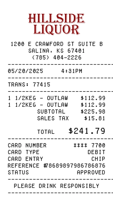 Create a Hillside Liquor receipt online Hillside Liquor receipt template preview - free retail receipt generator