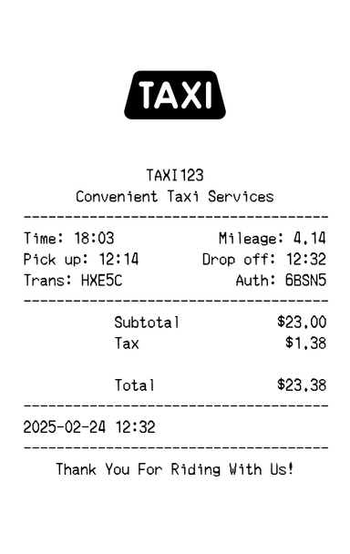 Create a Taxi receipt online Taxi receipt template preview - free taxi receipt generator