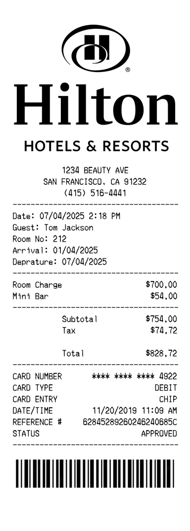 Create a Hilton Hotel receipt online Hilton Hotel receipt template preview - free hotel & travel receipt generator