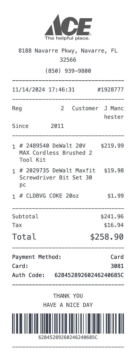 Create a Ace Hardware receipt online Ace Hardware receipt template preview - free retail receipt generator