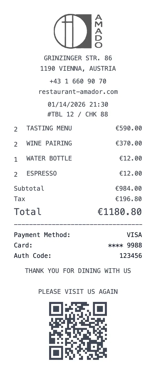 Create a Amador Restaurant receipt online Amador Restaurant receipt template preview - free restaurant receipt generator