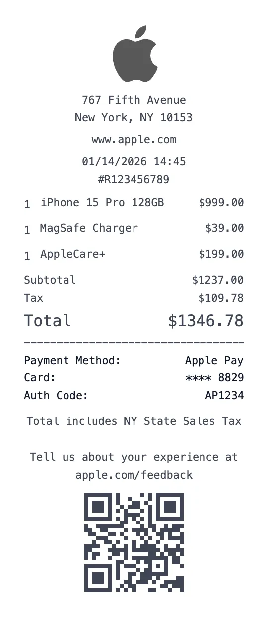 Create a Apple Store receipt online Apple Store receipt template preview - free electronics receipt generator