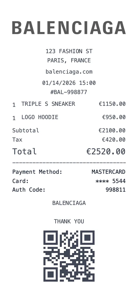 Create a Balenciaga receipt online Balenciaga receipt template preview - free luxury receipt generator