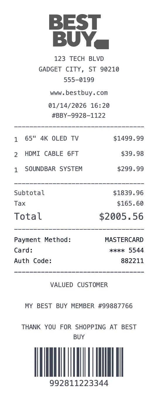 Create a Best Buy receipt online Best Buy receipt template preview - free electronics receipt generator