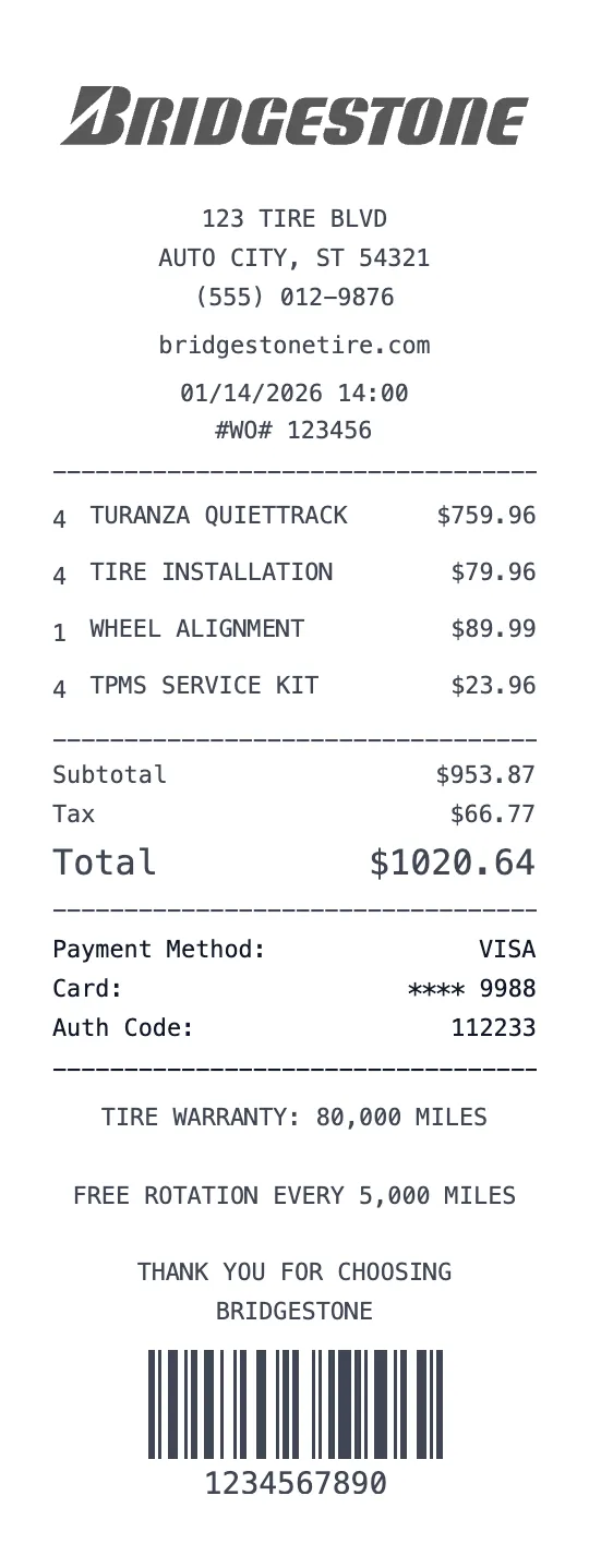 Create a Bridgestone receipt online Bridgestone receipt template preview - free automotive receipt generator