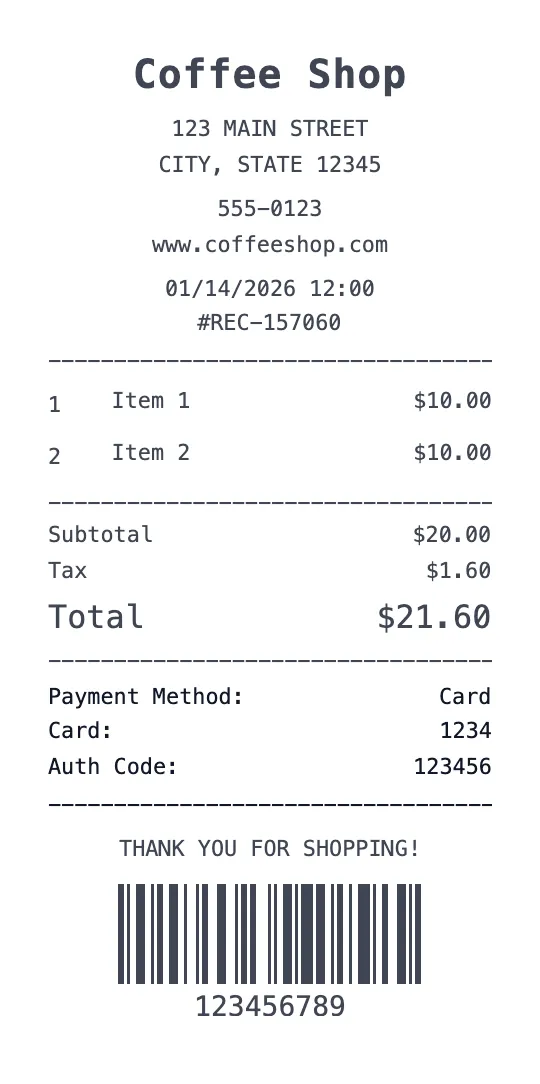 Create a Coffee Shop receipt online Coffee Shop receipt template preview - free restaurant receipt generator