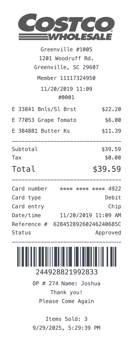 Create a Costco Wholesale receipt online Costco Wholesale receipt template preview - free grocery receipt generator