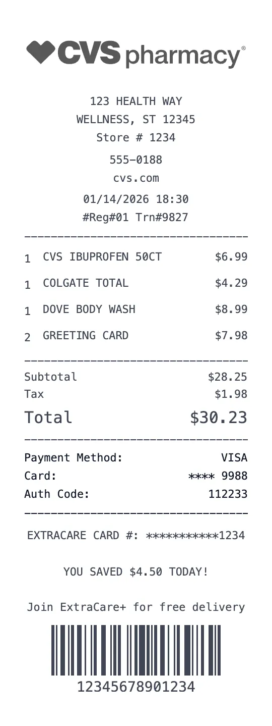 Create a CVS Pharmacy receipt online CVS Pharmacy receipt template preview - free pharmacy receipt generator