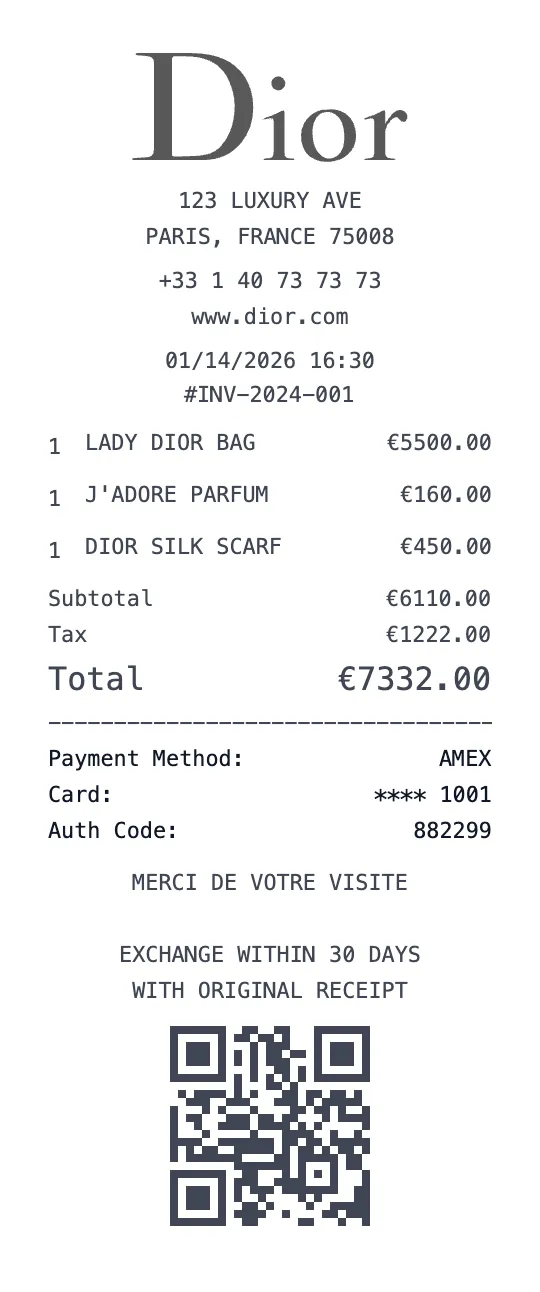 Create a Dior receipt online Dior receipt template preview - free luxury receipt generator