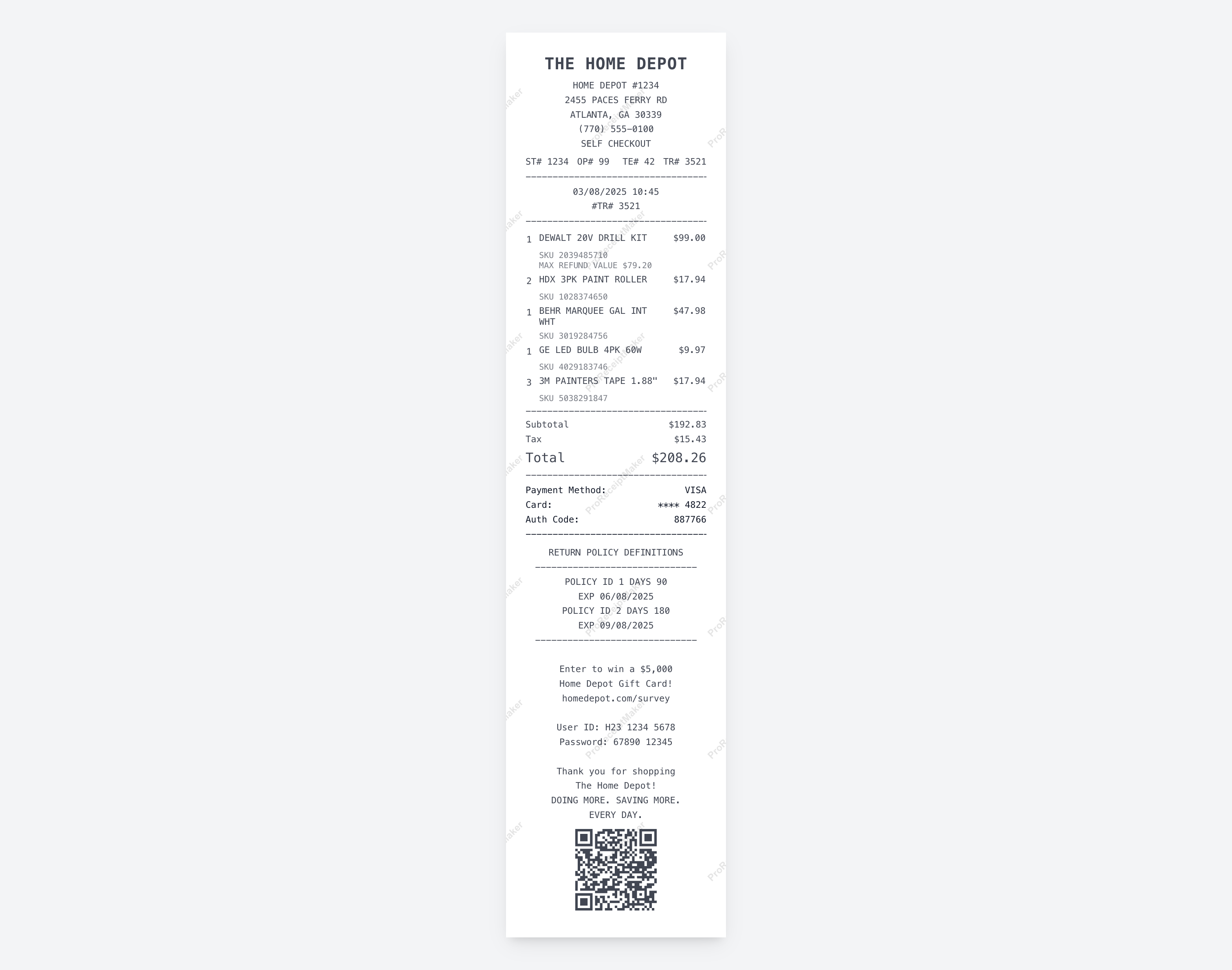 Create a Home Depot receipt online Home Depot receipt template preview - free hardware receipt generator