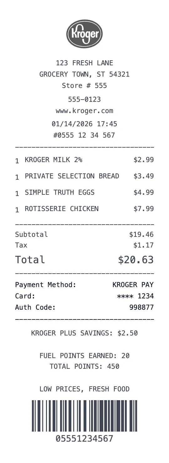 Create a Kroger receipt online Kroger receipt template preview - free grocery receipt generator