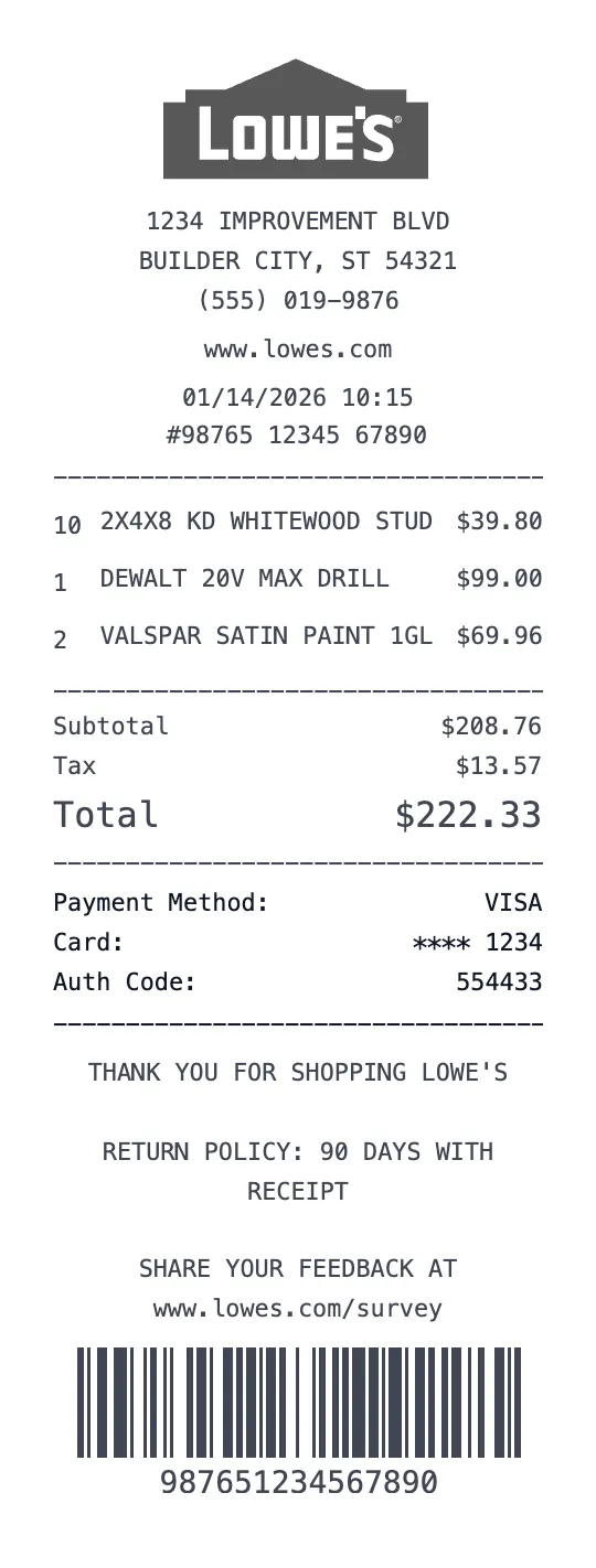 Create a Lowe's Home Improvement receipt online Lowe's Home Improvement receipt template preview - free retail receipt generator